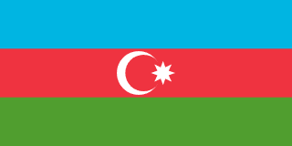 The flag of Azerbaijan features three equal horizontal bands of blue, red and green, with a white fly-side facing crescent and eight-pointed star centered in the red band.