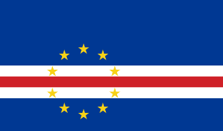 The flag of Cape Verde is composed of five horizontal bands of blue, white, red, white and blue in the ratio of 6:1:1:1:3. A ring of ten five-pointed yellow stars is centered at three-eighth of the height from the bottom edge and three-eighth of the width from the hoist end of the field.