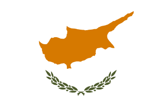 The flag of Cyprus has a white field, at the center of which is a copper-colored silhouette of the Island of Cyprus above two green olive branches crossed at the stem.