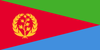 The flag of Eritrea comprises three triangles — a large red isosceles triangle with its base spanning the hoist end and its apex at the midpoint on the fly end, and a green and blue right-angled triangle above and beneath the red triangle. On the hoist side of the red triangle is a golden vertical olive branch encircled by a golden olive wreath.