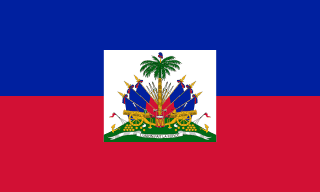 The flag of Haiti is composed of two equal horizontal bands of blue and red. A white square bearing the national coat of arms is superimposed at the center of the field.