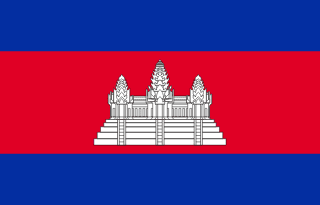 The flag of Cambodia features three horizontal bands of blue, red and blue, with a white depiction of the temple complex, Angkor Wat centered in the red band.