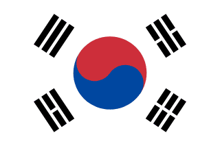 The flag of South Korea has a white field, at the center of which is a red and blue Taegeuk circle surrounded by four black trigrams, one in each corner.