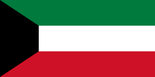 The flag of Kuwait is composed of three equal horizontal bands of green, white and red, with a black trapezium superimposed on the hoist side of the field. This trapezium has its base on the hoist end and spans about one-fourth the width of the field.