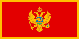 The flag of Montenegro features a large red central rectangular area surrounded by a golden-yellow border. The coat of arms of Montenegro is centered in the red rectangle.