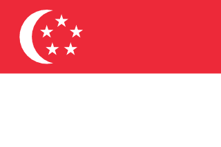 The flag of Singapore is composed of two equal horizontal bands of red and white. On the hoist side of the red band is a fly-side facing white crescent which partially encloses five small five-pointed white stars arranged in the shape of a pentagon.