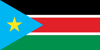 The flag of South Sudan is composed of three equal horizontal bands of black, red with white top and bottom edges, and green. A blue equilateral triangle which spans about two-fifth the width of the field is superimposed on the hoist side with its base on the hoist end of the field. At the center of this triangle is a five-pointed yellow star.