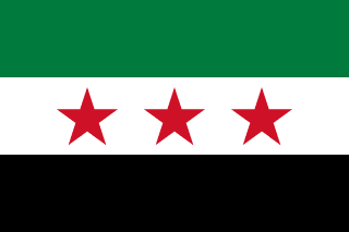 The flag of Syria is composed of three equal horizontal bands of red, white and black. At the center of the white band are two small five-pointed green stars arranged in a horizontal line.