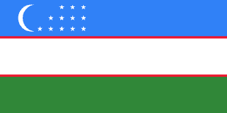 The flag of Uzbekistan is composed of three equal horizontal bands of turquoise, white with red top and bottom edges, and green. On the hoist side of the turquoise band is a fly-side facing white crescent and twelve five-pointed white stars arranged just outside the crescent opening in three rows comprising three, four and five stars.