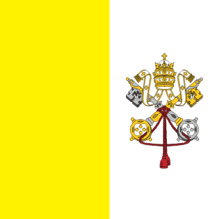 The flag of Vatican City is square shaped. It is composed of two equal vertical bands of yellow and white, with national coat of arms centered in the white band. The national coat of arms comprises the Papal Tiara superimposed on two crossed keys.